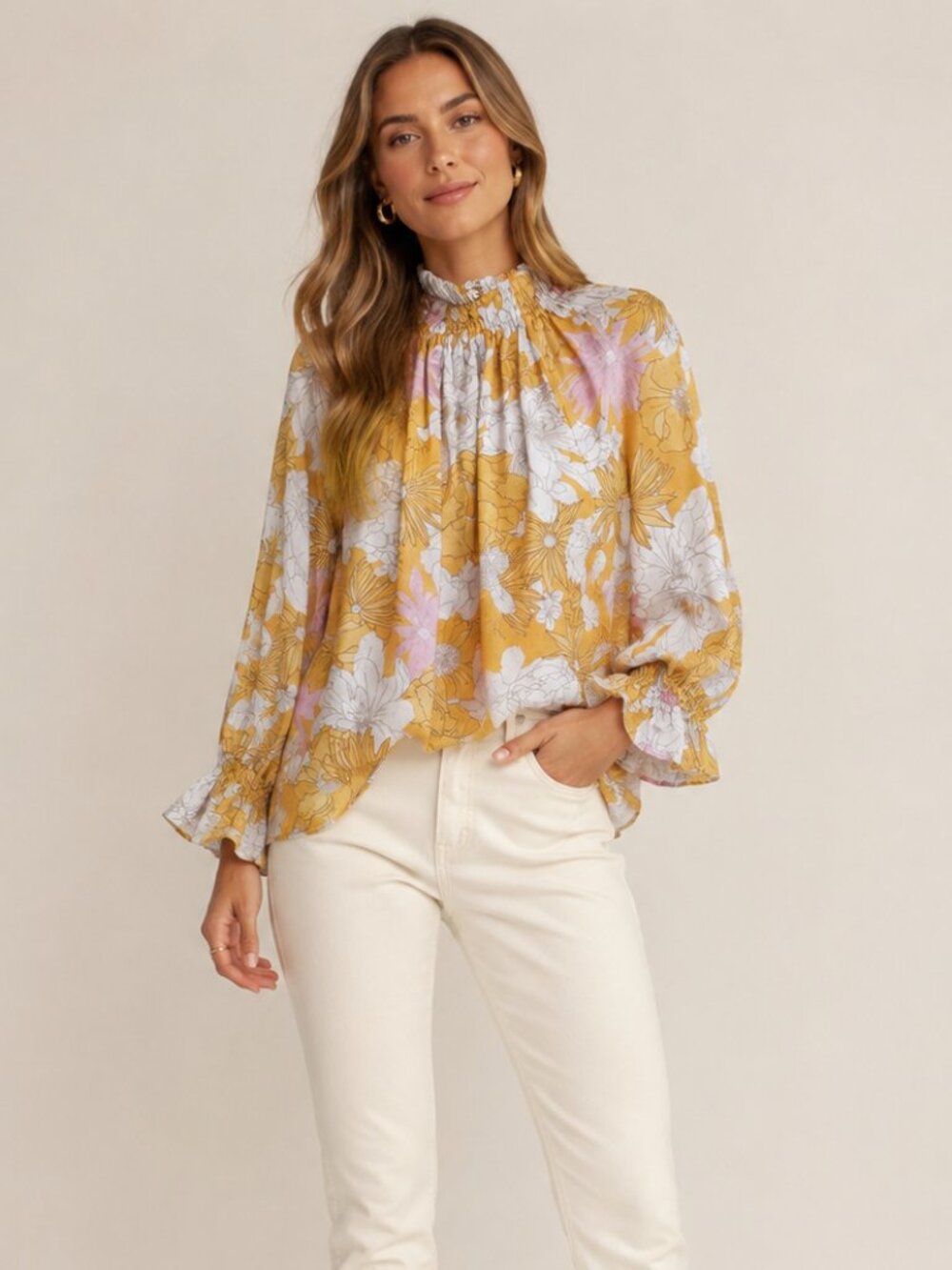 Ephemera Yellow Pink Floral Linen Ruffled Blouse Womens 6 Boho Peasant Natural
